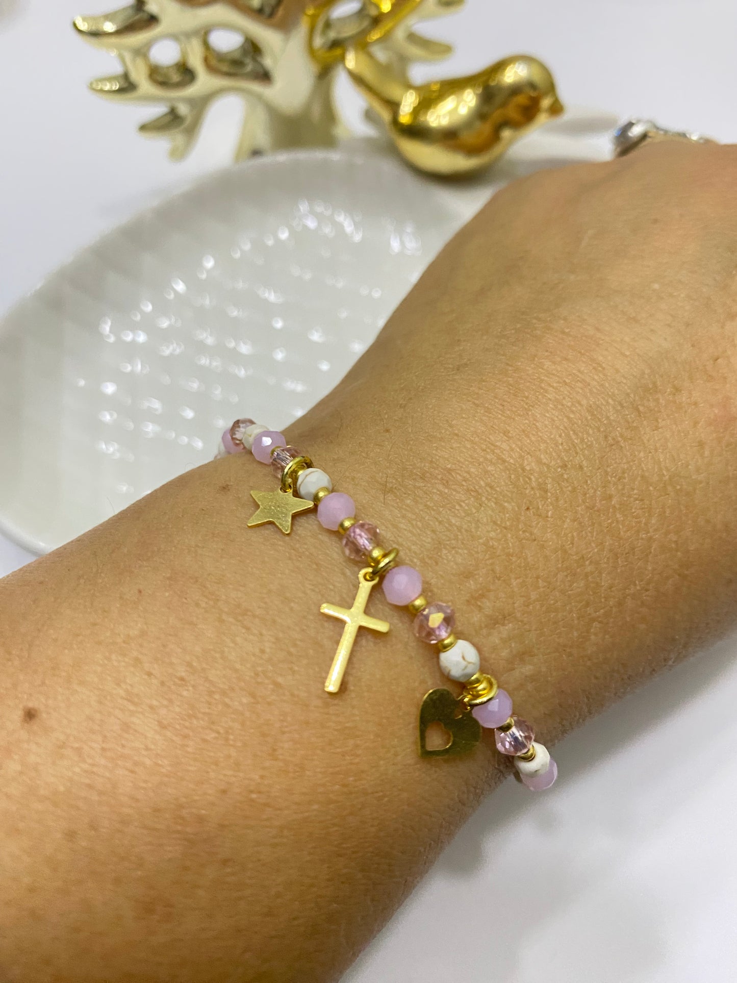 Pulsera amor redentor cristales rosa - ajustable