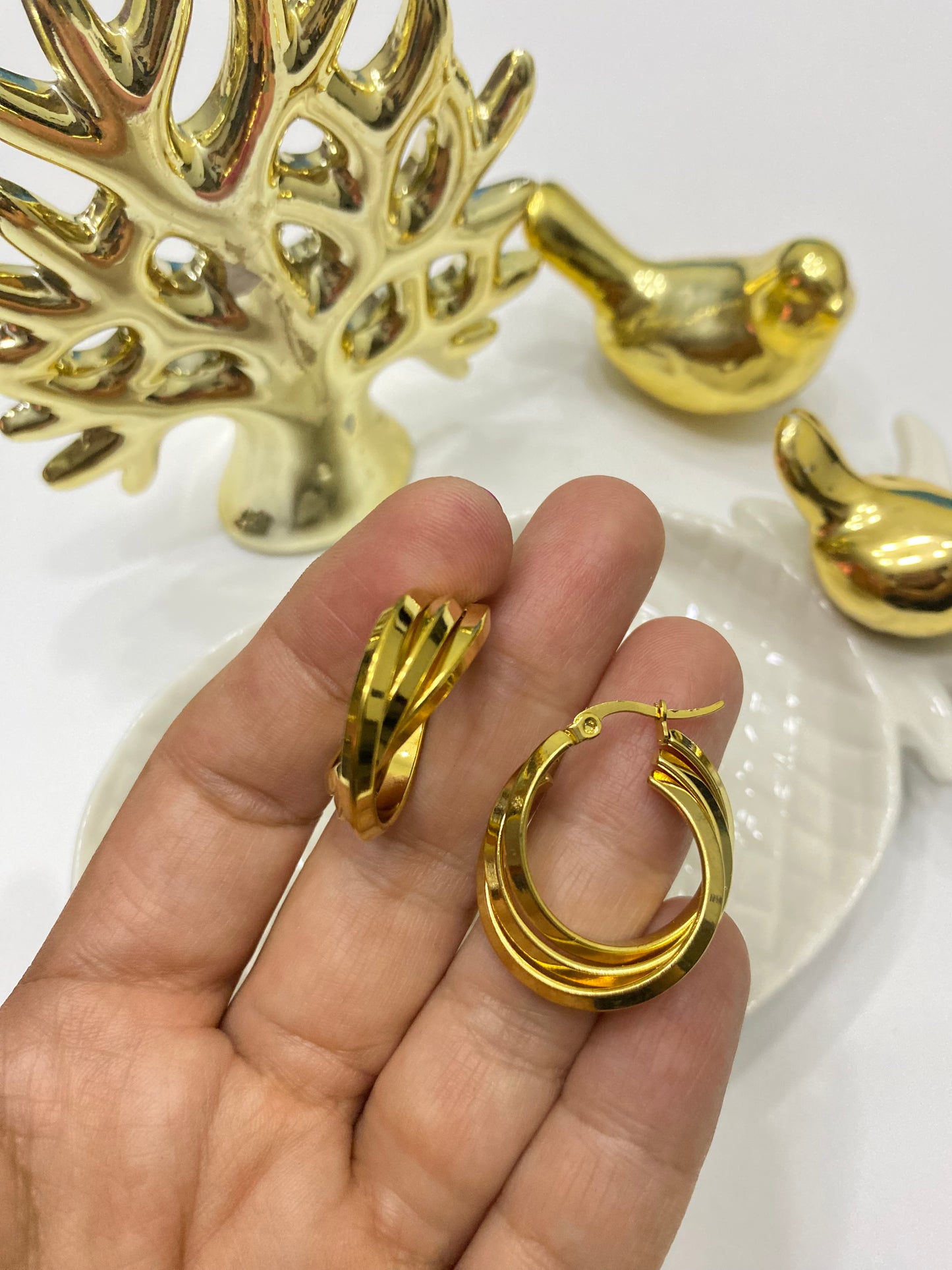 Aros argollas triple acero dorado