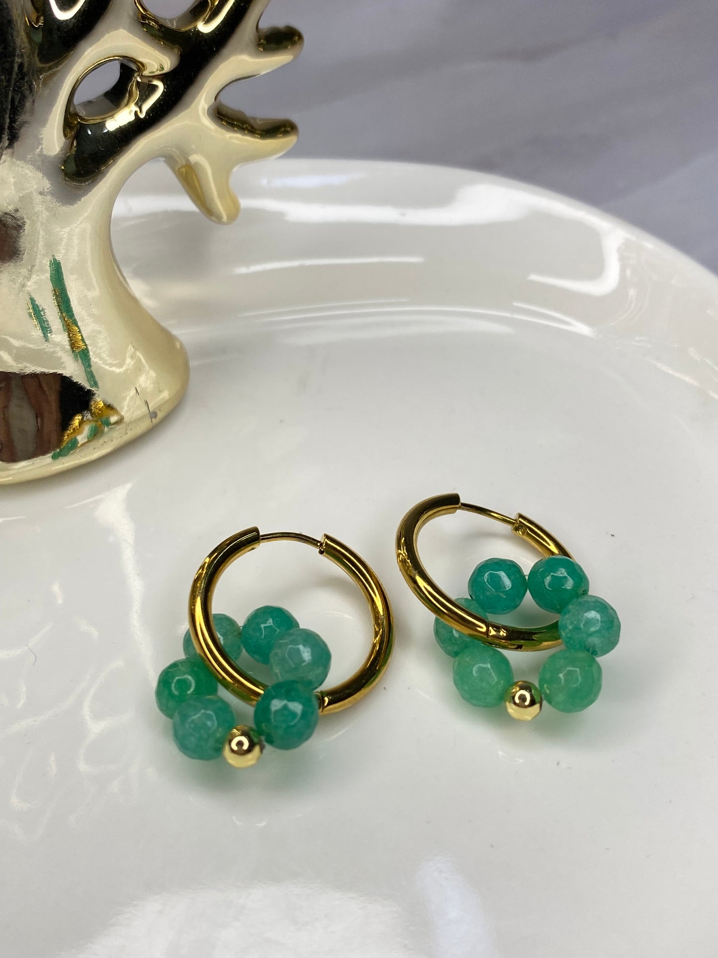 Aros Argolla acero y piedras ágata verde