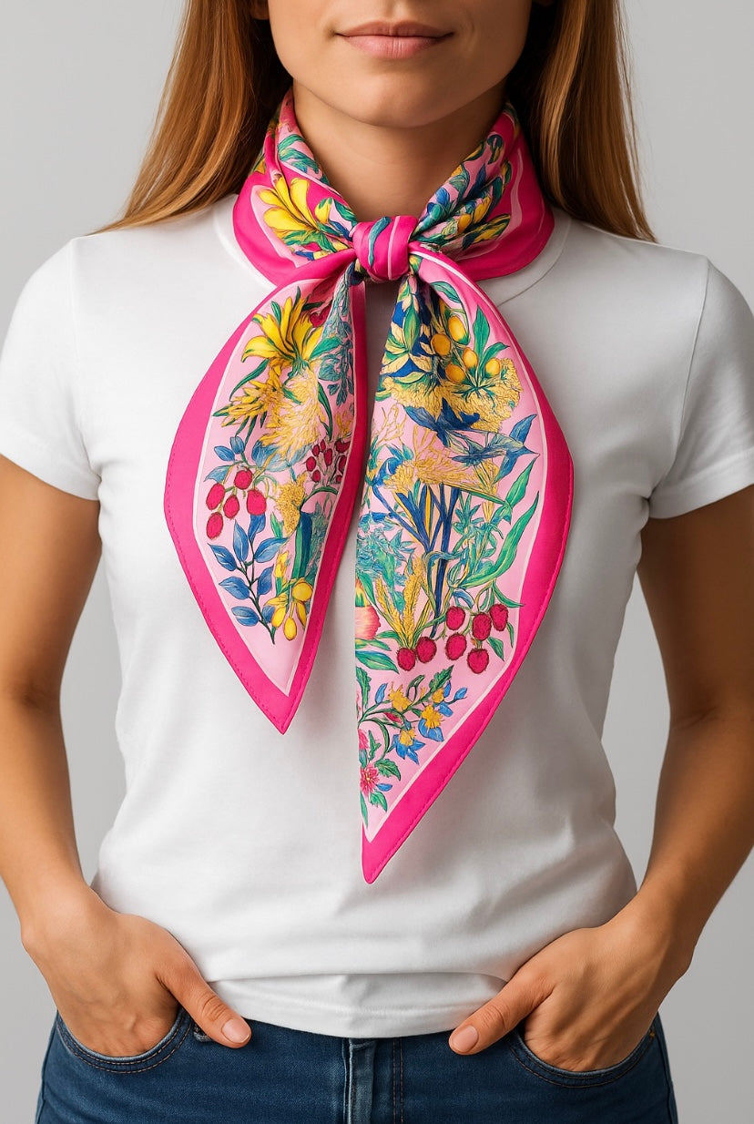 Pañuelo de Seda Frutos del Jardín Fucsia • 70x70 cms