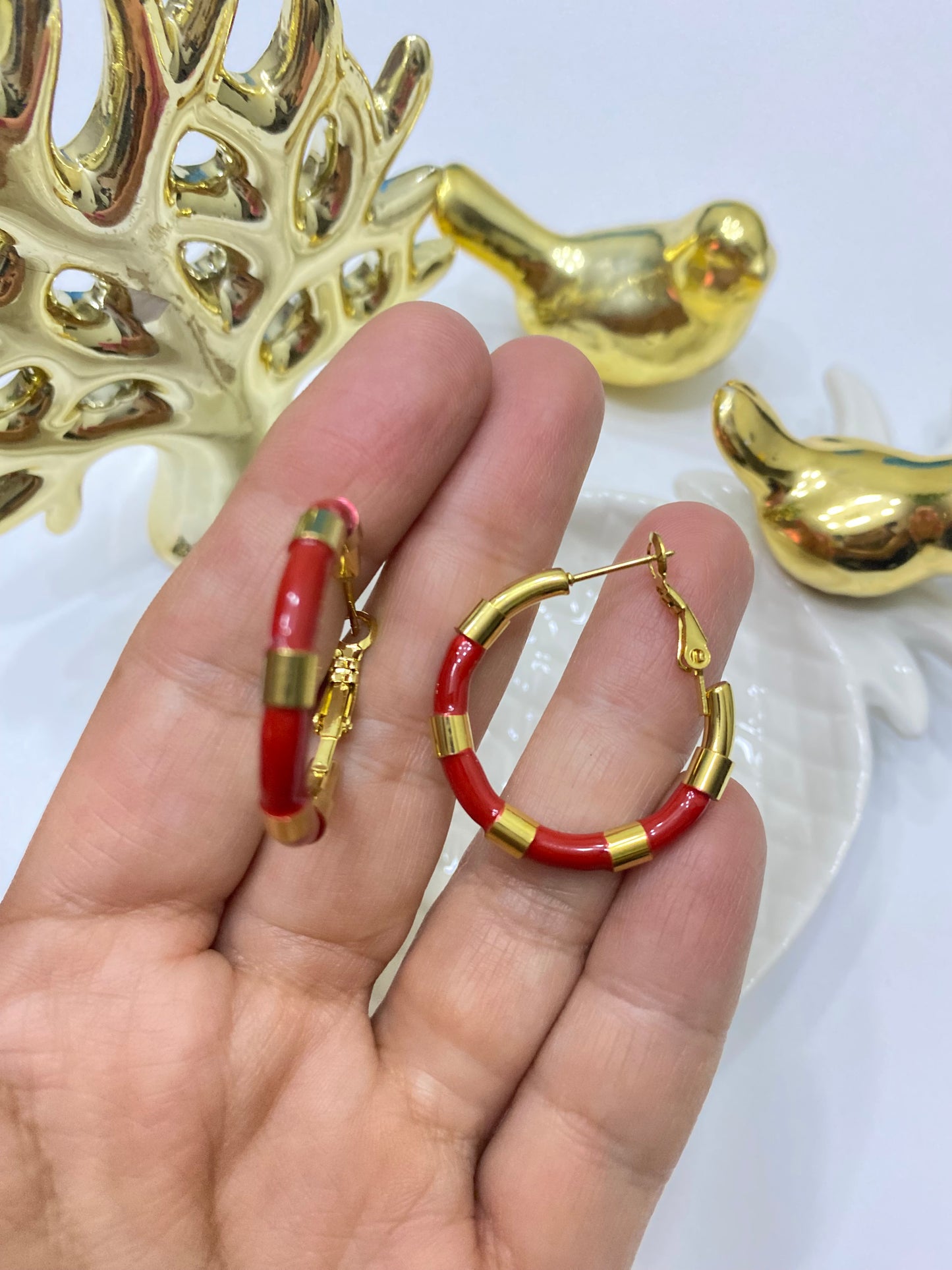 Aros acero argolla bicolor dorado con rojo