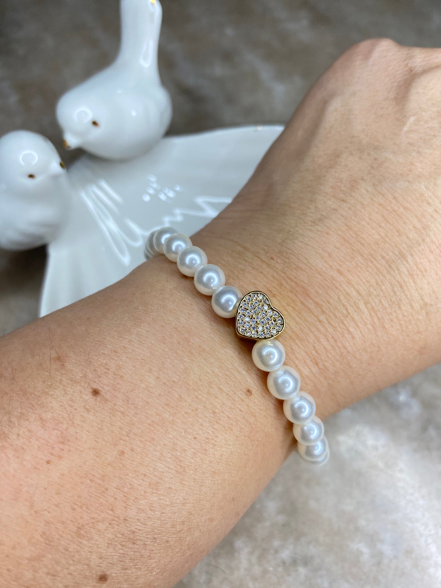 Pulsera Perlas Swaroski Corazon plateado microcircones