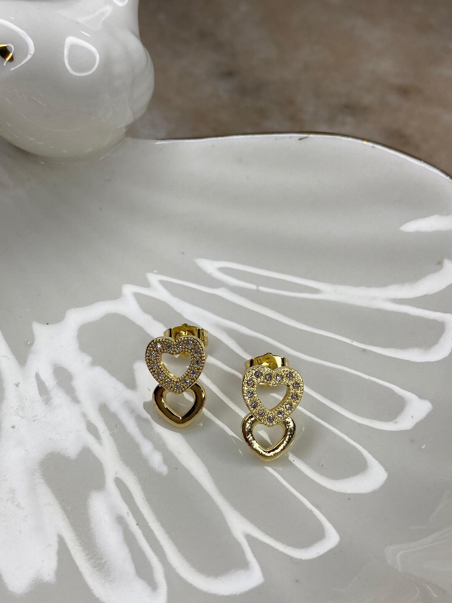 Aros Doble corazón microcircones rodio dorado