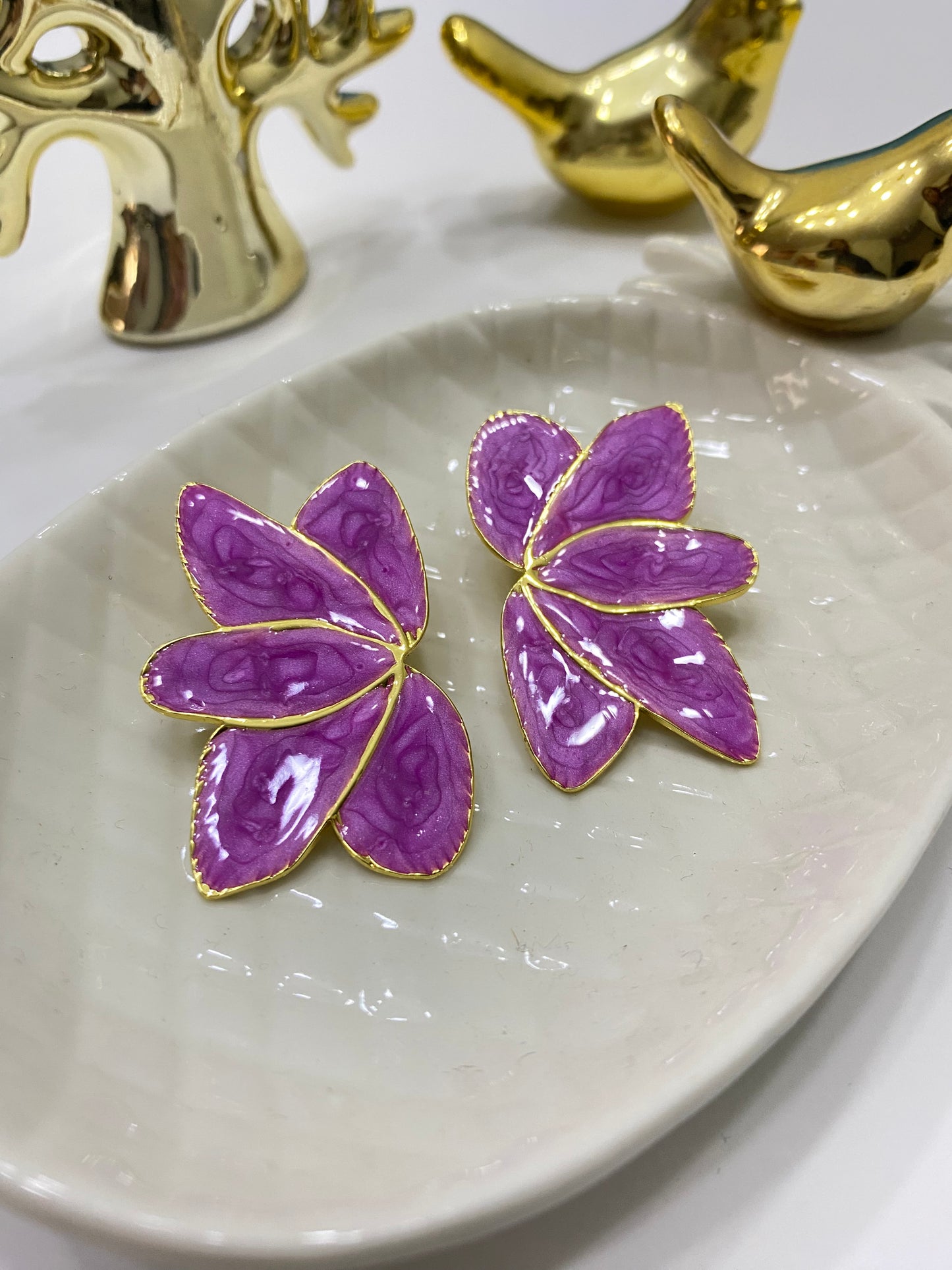 Aros acero Flor Abanico esmalte púrpura