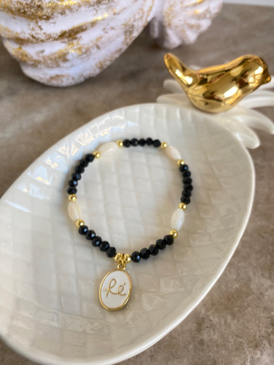 Pulsera Fe cristales negros y nácar
