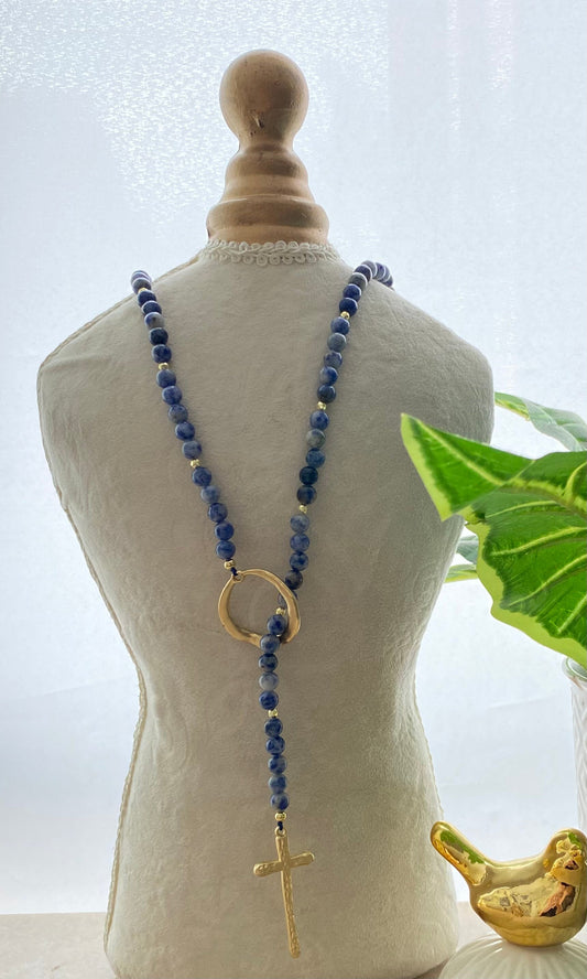 Collar Ajustable Cruz Baño Oro Y Piedra Lapizlazuli Largo