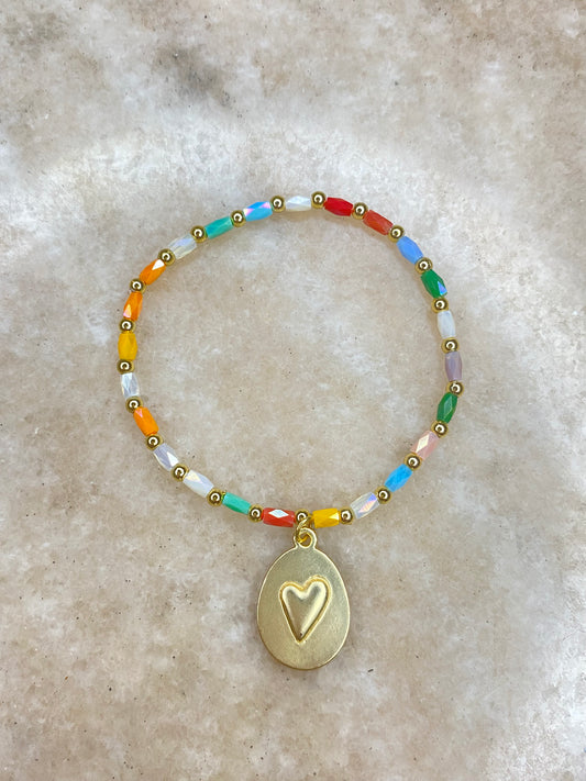 Pulsera Corazón Ovalo Baño Oro Y Cristales Checos Colores