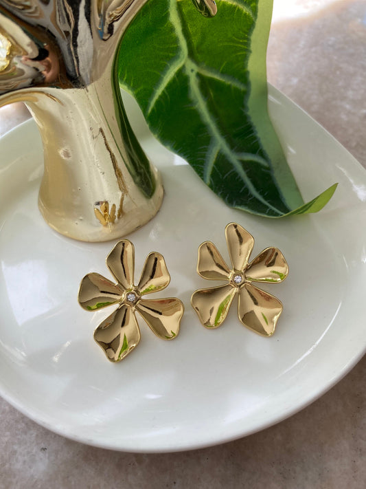 Aros Flor Lisa Y Punto De Luz Acero Dorado