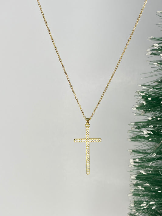 Collar Cruz Con Microcircones Baño Oro Con Cadena Acero