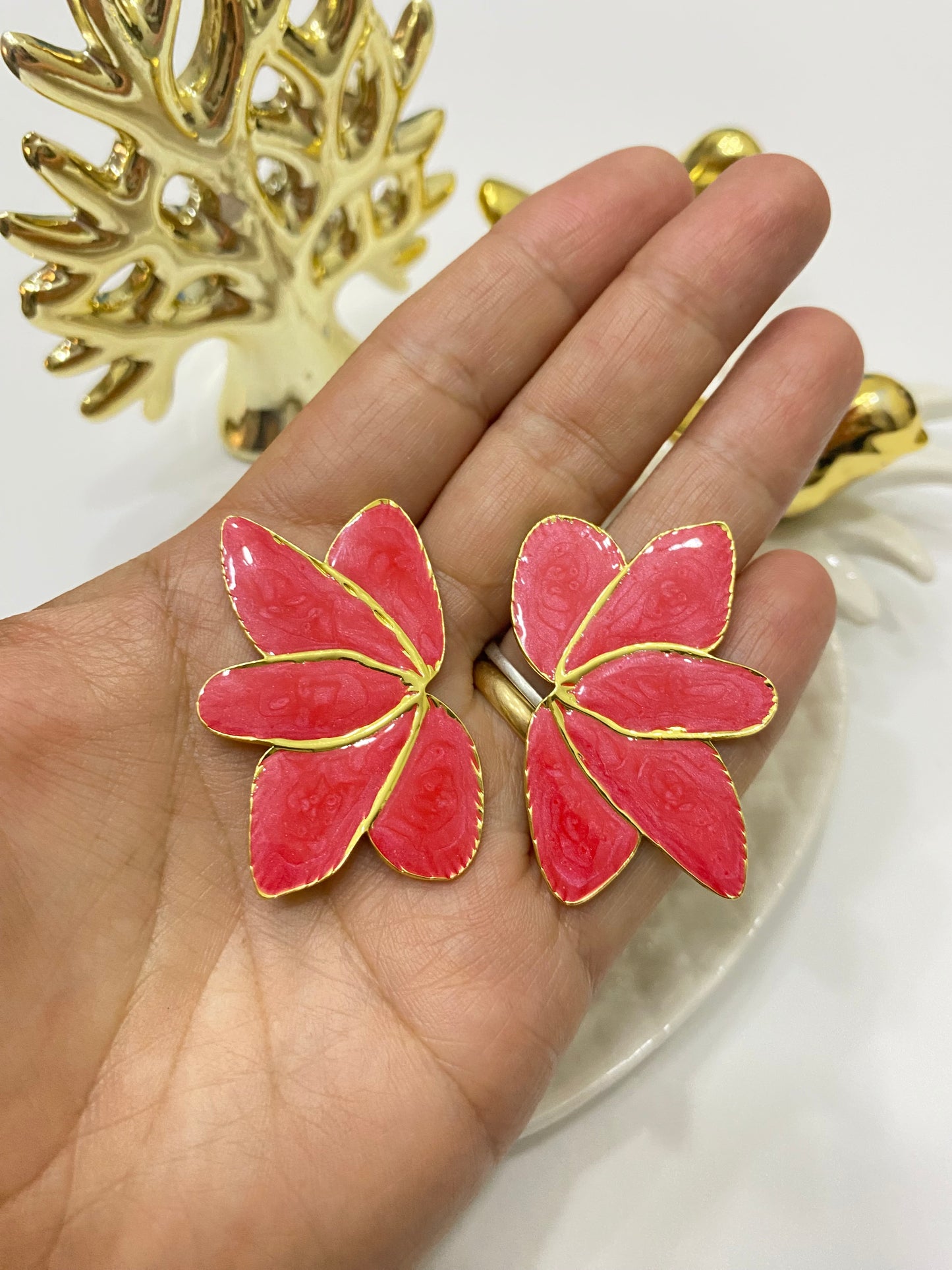 Aros acero Flor Abanico esmalte rojo