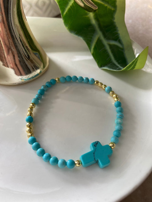 Pulsera Cruz Piedras Naturales Turquesa