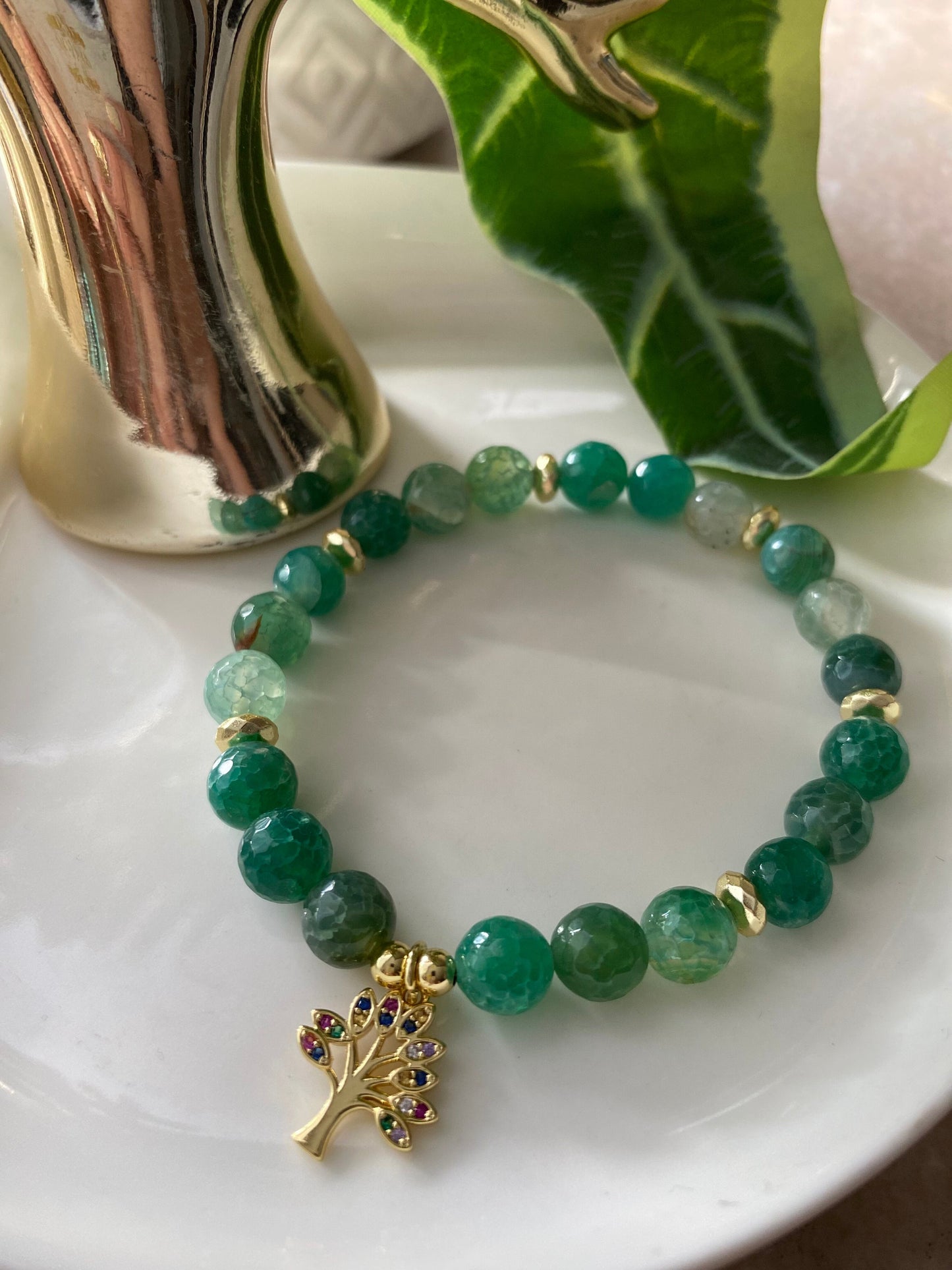 Pulsera Sabiduria, Piedras Ágata Facetada Y Dije Árbol De La Vida Baño Oro