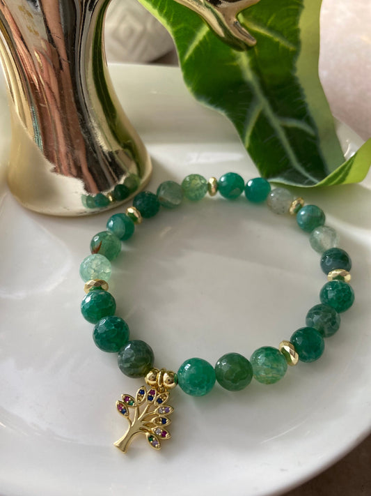 Pulsera Sabiduria, Piedras Ágata Facetada Y Dije Árbol De La Vida Baño Oro