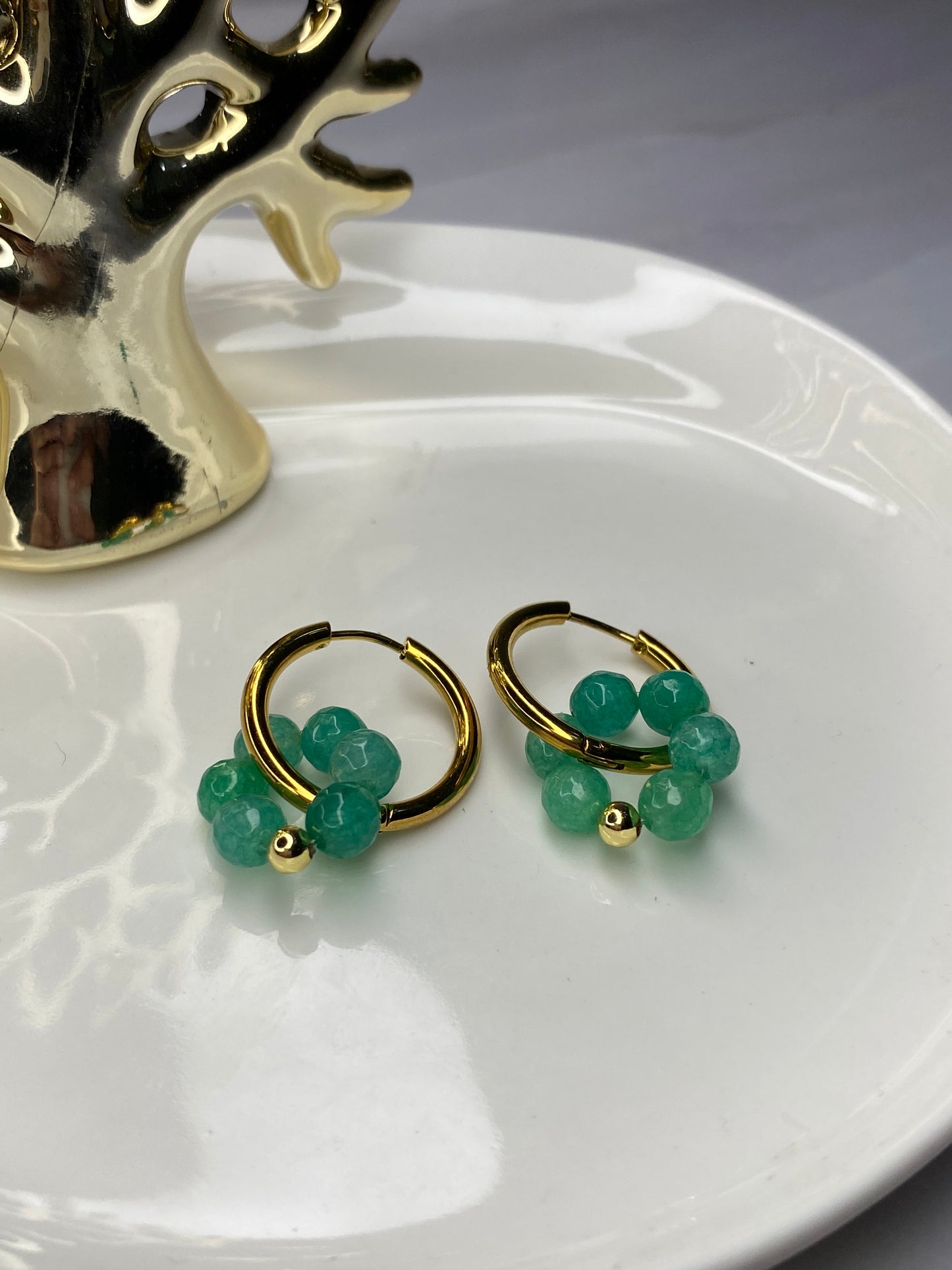 Aros Argolla acero y piedras ágata verde
