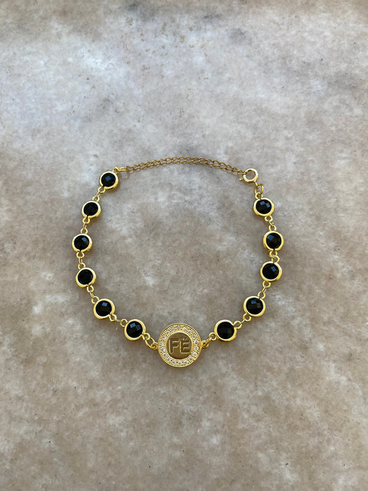 Pulsera Fe Piedra Onix Engastado En Baño Oro 18 Kl Gancho Timón
