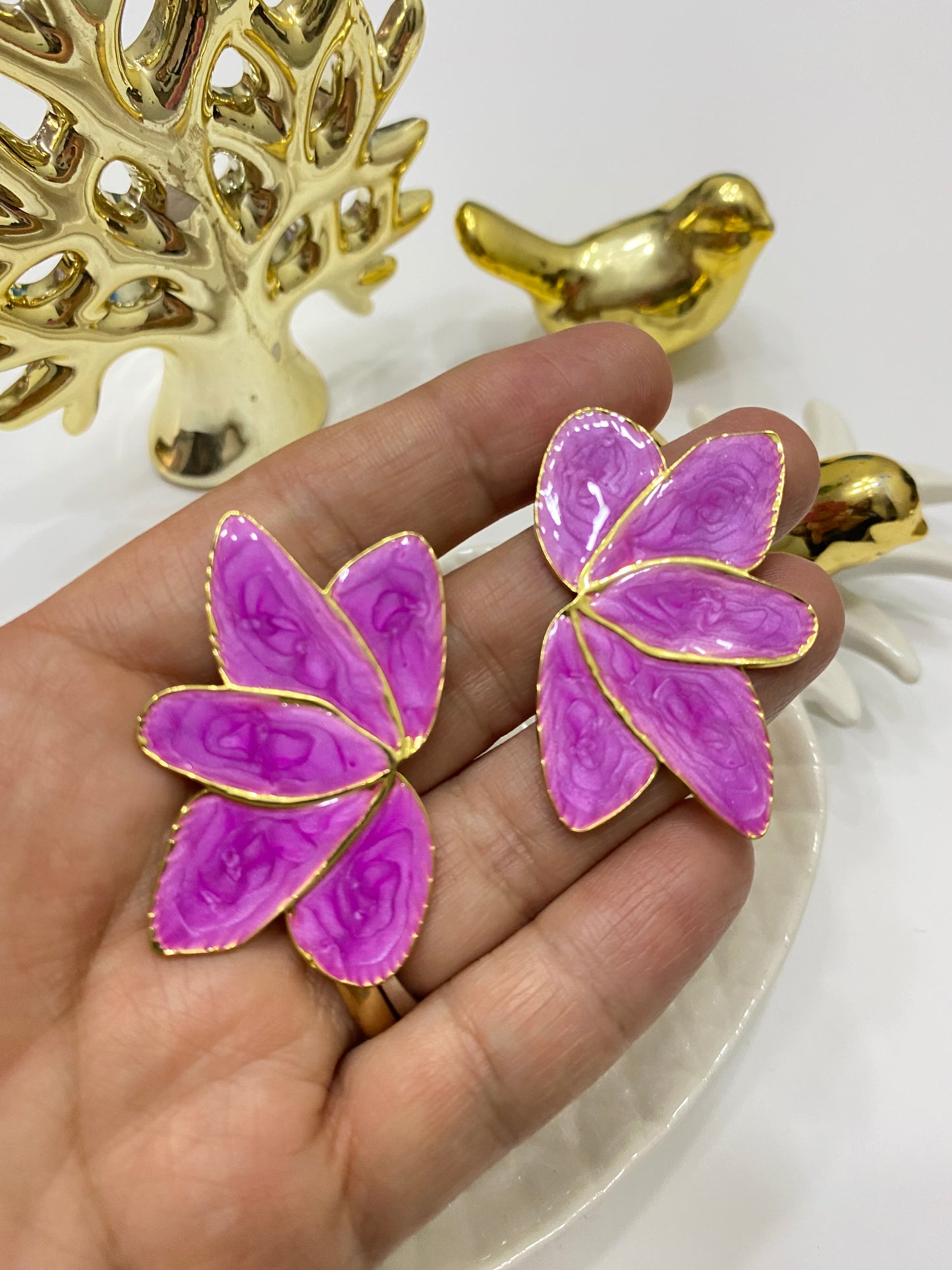 Aros acero Flor Abanico esmalte púrpura