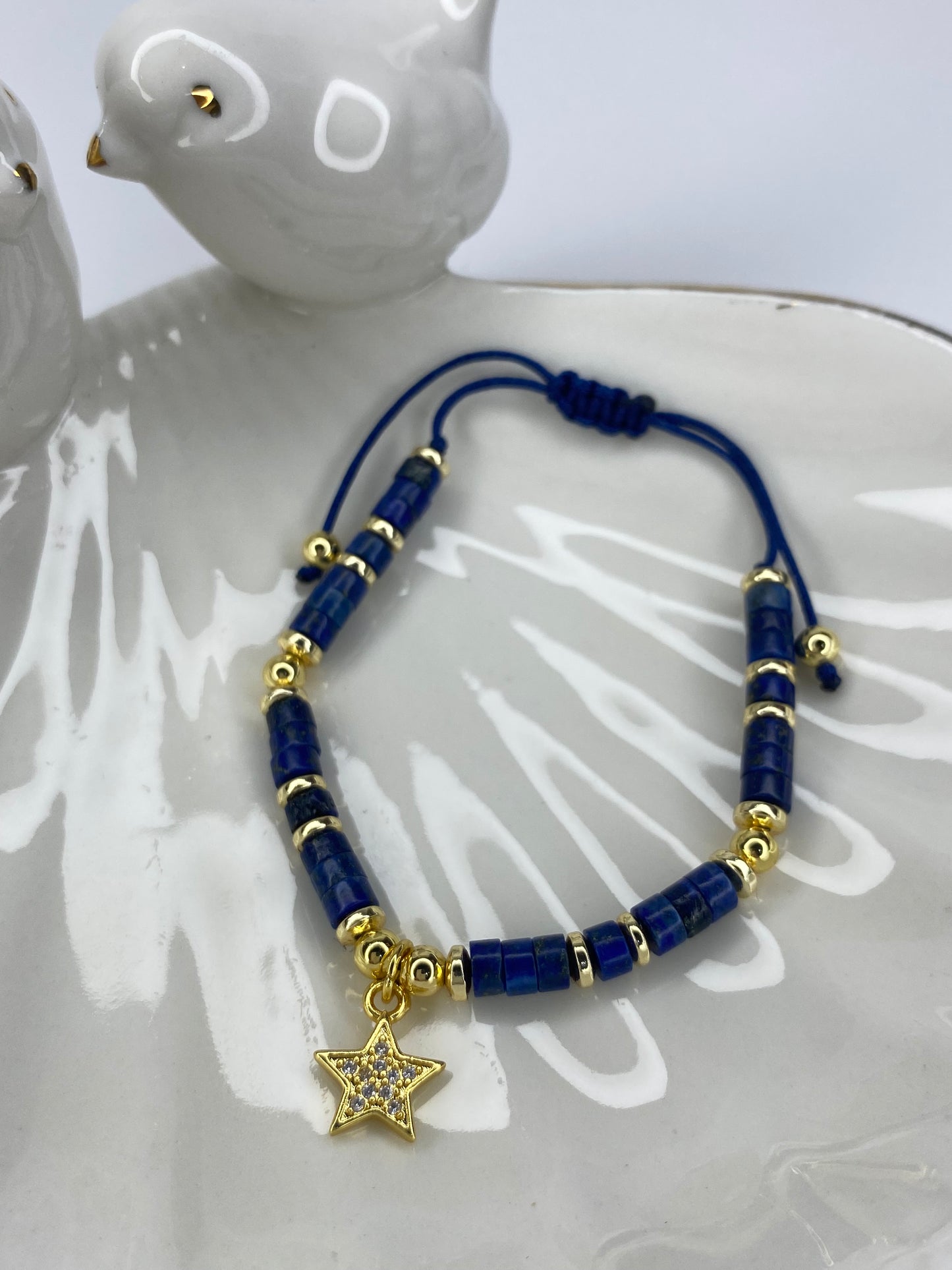 Pulsera resplandece  piedra lapislázuli ajustable y  baño oro