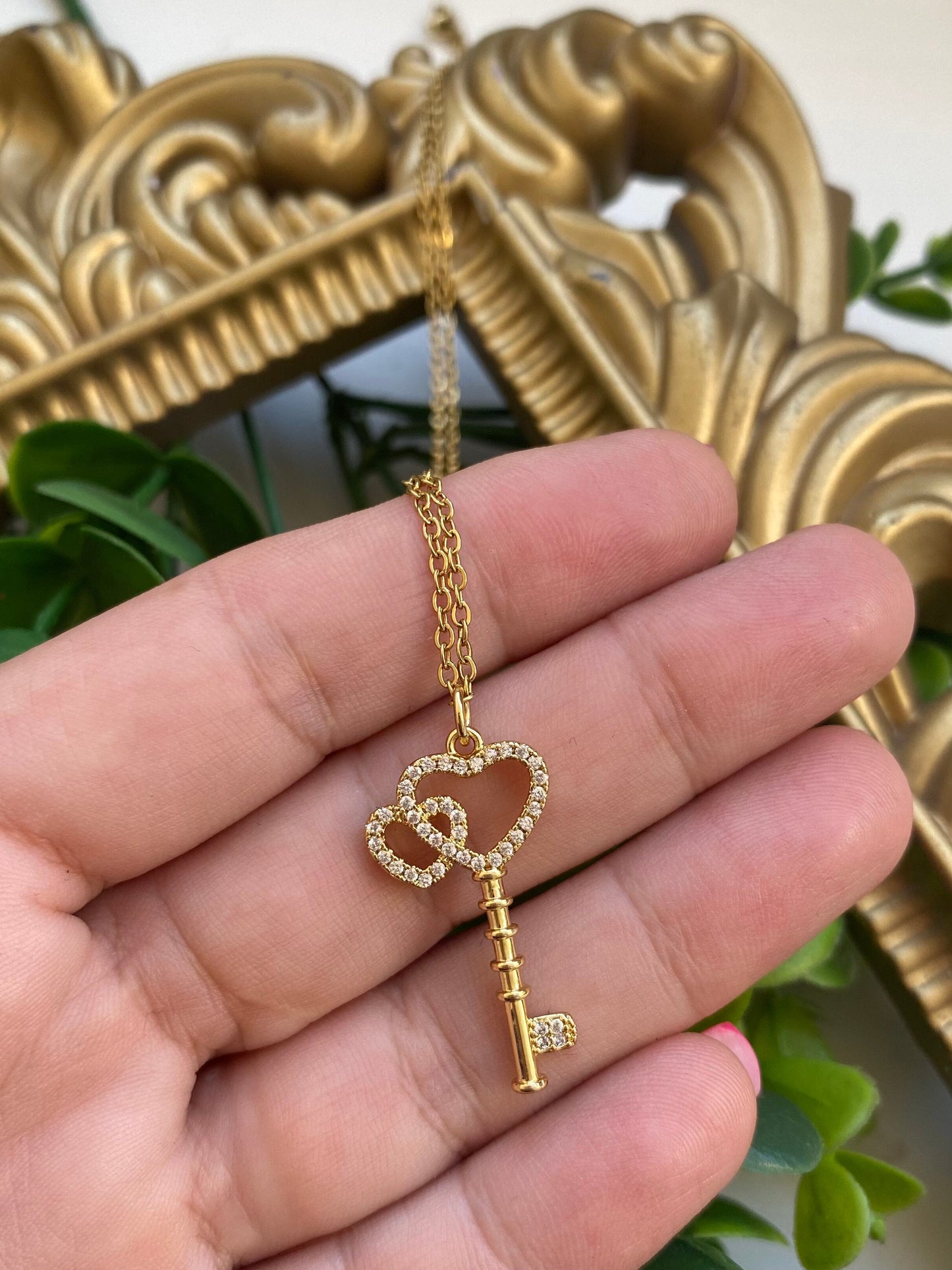 Collar Llave De Amor Microcircones Baño De Oro Con Cadena De Acero