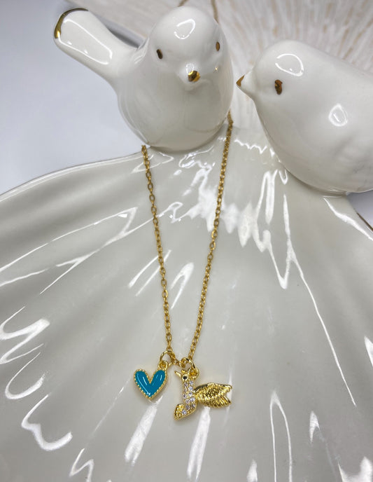 Collar mini Colibrí corazón turquesa  y Cadena de acero 45 + 5 cms