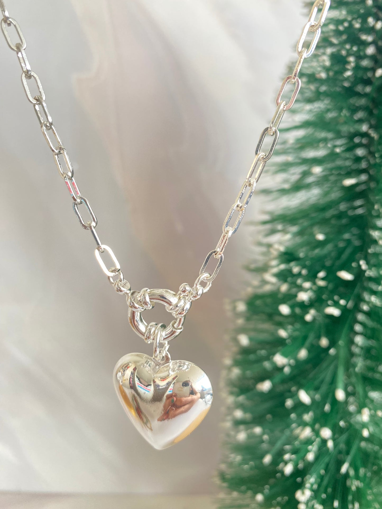 Collar maxi corazón Cadena baño plata • Largo 50 cms