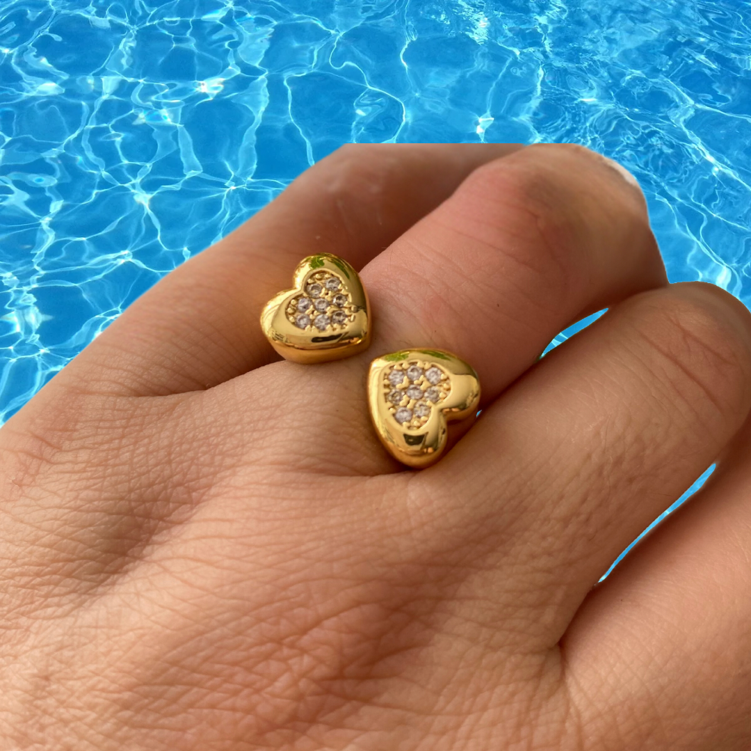 Anillo Ajustable De Acero Dorado Doble Corazón Microcircones