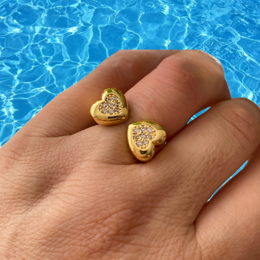 Anillo Ajustable De Acero Dorado Doble Corazón Microcircones