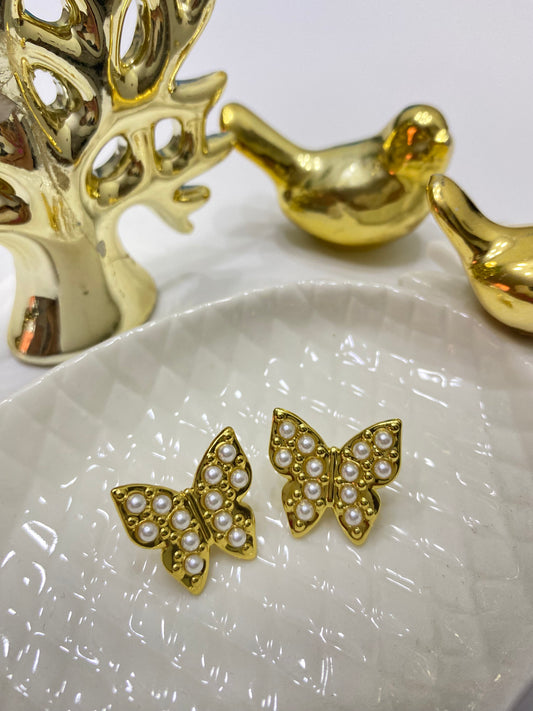 Aros Mariposa perlas acero dorado