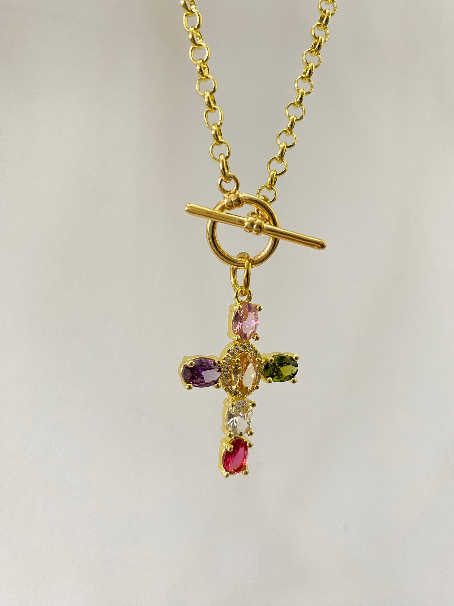 Collar cruz circonia colores y Cadena Baño de oro 24kl