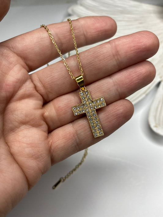 Collar Cruz con microcircones acero dorado