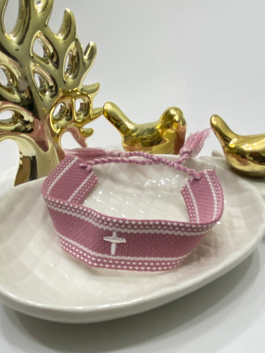Pulsera Fe Esencial tejida rosada
