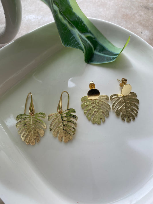 Aros Hoja Monstera Baño Oro 18 Kl