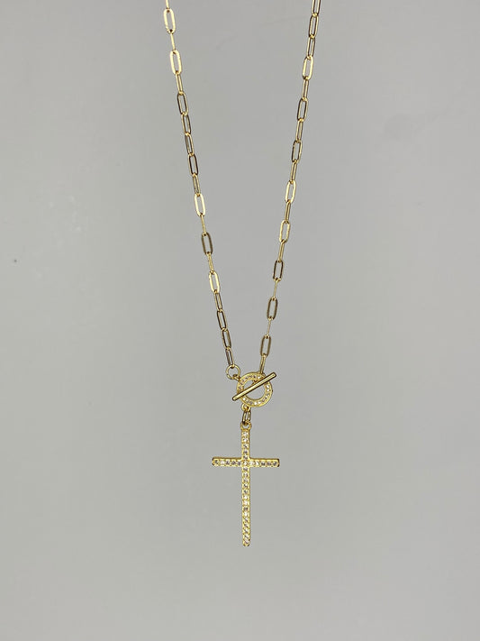 Collar Cruz fina con microcircones   y Cadena baño oro con broche 50 cms