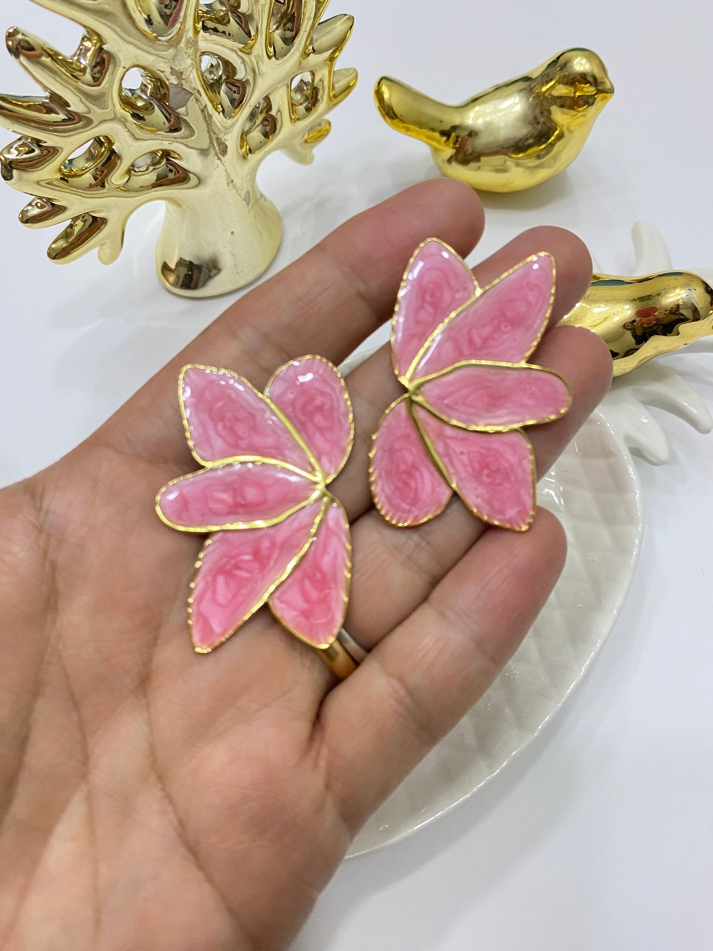 Aros acero Flor Abanico esmalte rosa