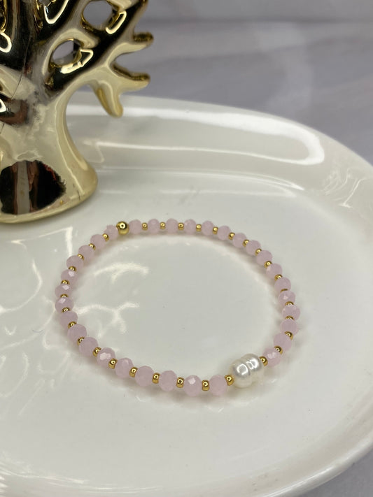 Pulsera Perla de río  y cristal rosa