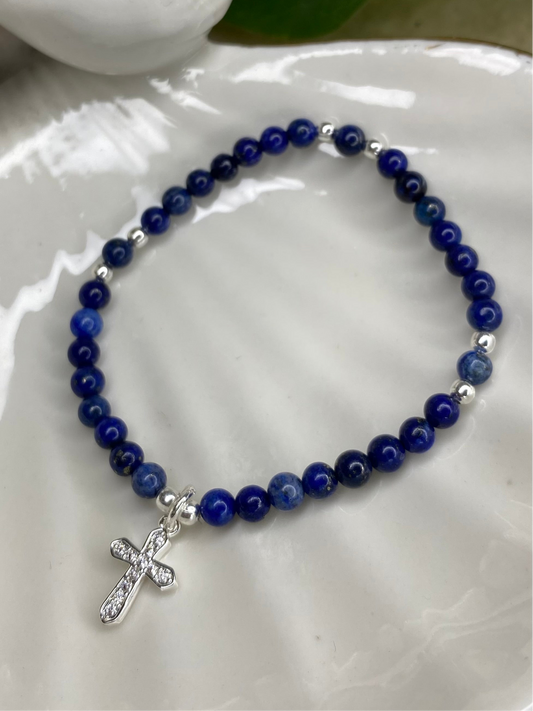 Pulsera Redención cruz Baño Plata y Lapizlazuli 4mm