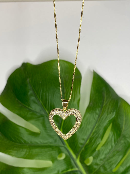 Collar Corazón Microcircones Y Cadena Baño Oro