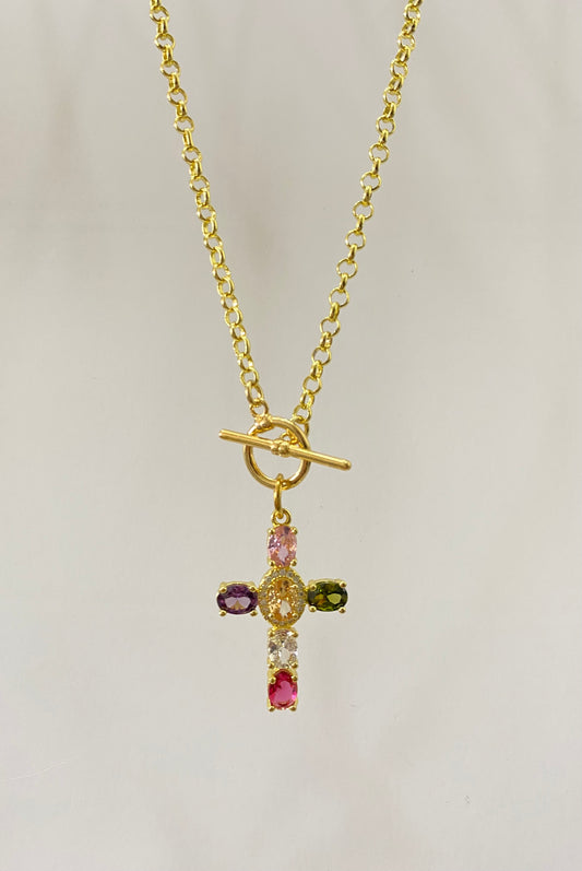 Collar cruz circonia colores y Cadena Baño de oro 24kl