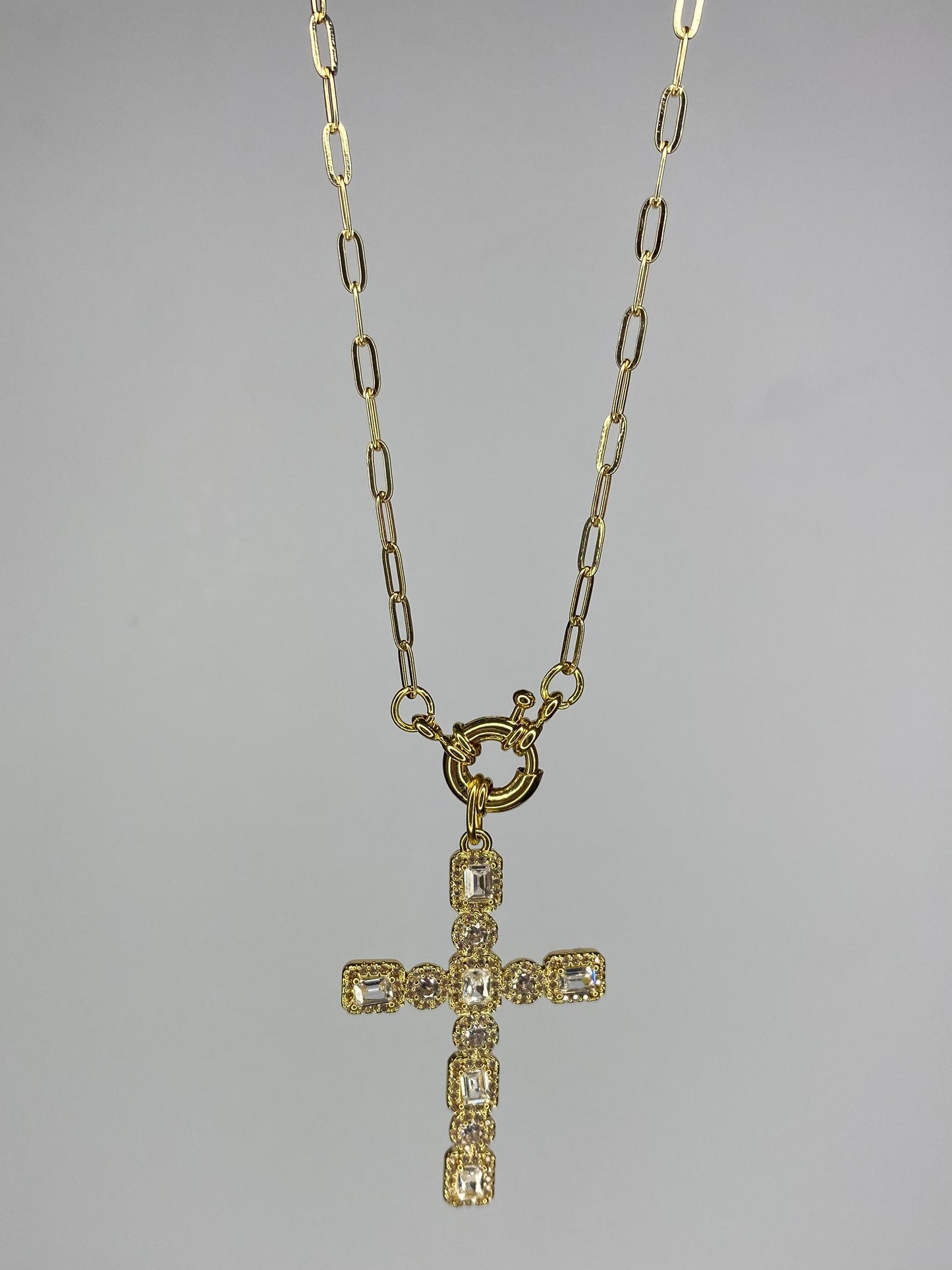 Collar Cruz con circonia y Cadena baño oro con broche 50 cms