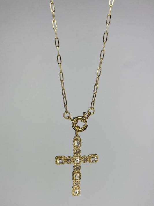 Collar Cruz con circonia y Cadena baño oro con broche 50 cms