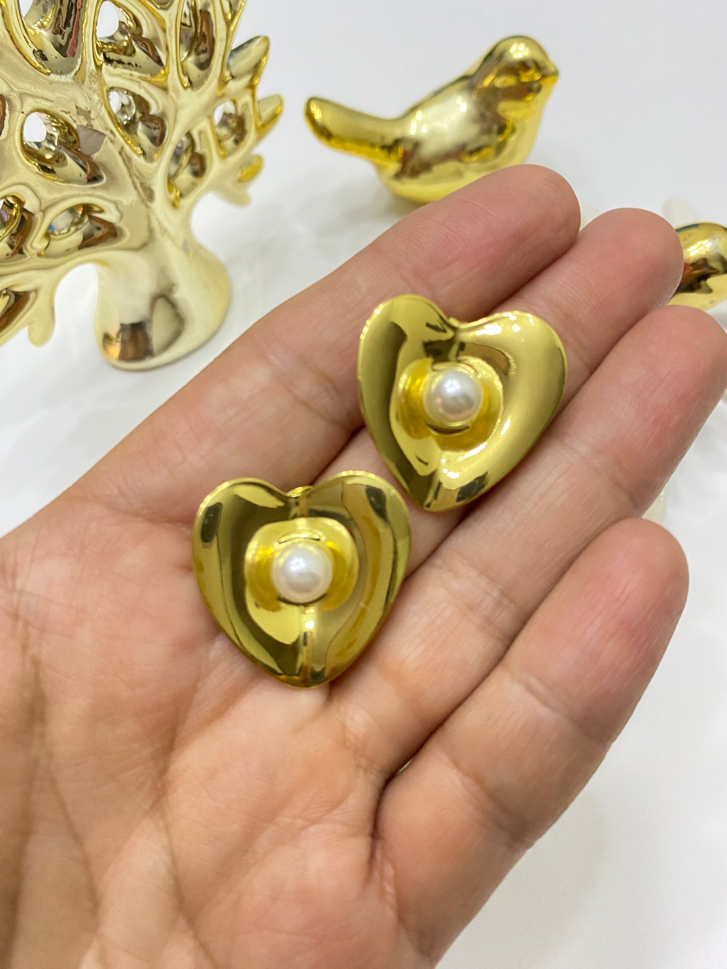 Aros acero corazón dorado perla tesoro de amor