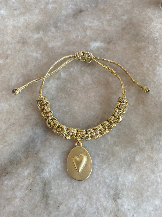 Pulsera ajustable tejida con Corazón Ovalo Baño Oro