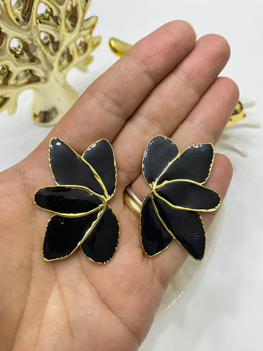 Aros acero Flor Abanico esmalte negro