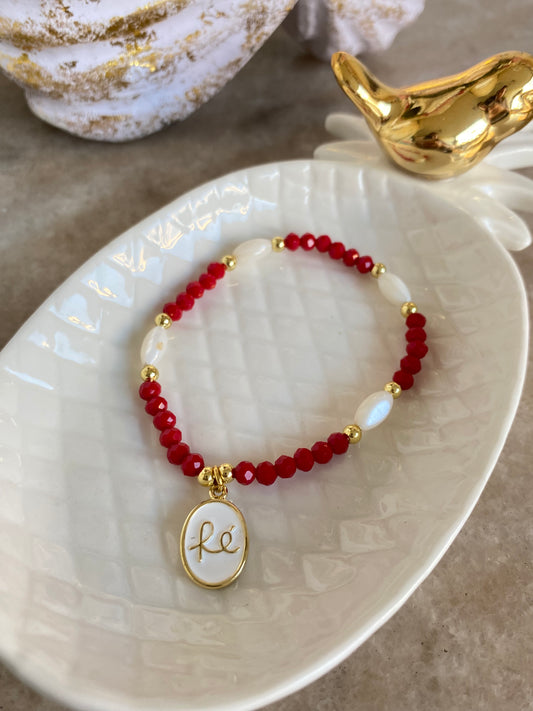 Pulsera Fe cristales rojos y nácar