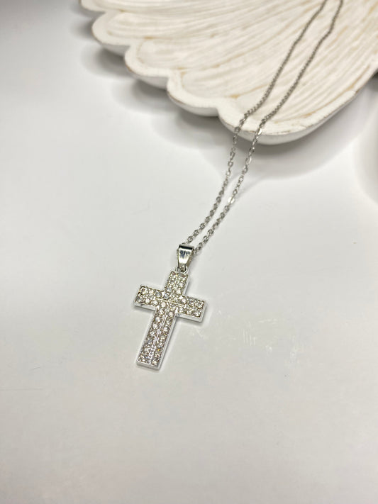 Collar Cruz con microcircones acero plateado