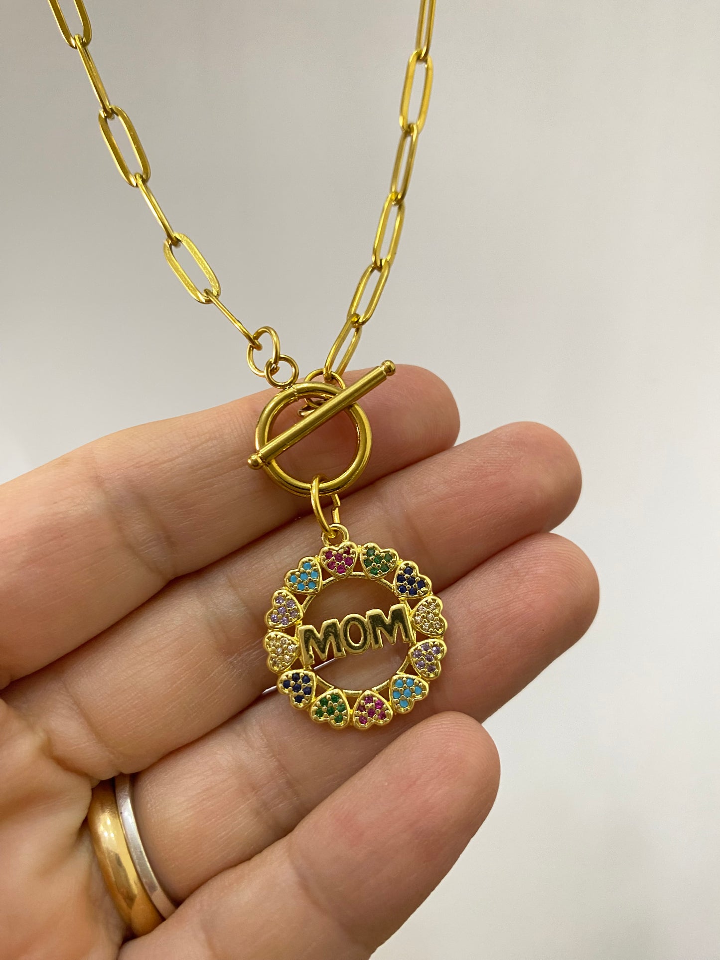 Collar MOM corazones microcircones colores cadena acero