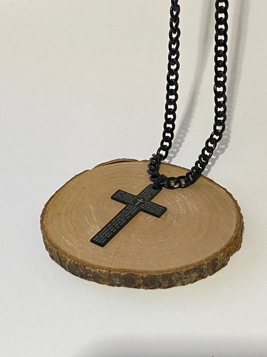 Collar de Acero cadena eslabones  Negro con Cruz Grabada – 60 cms