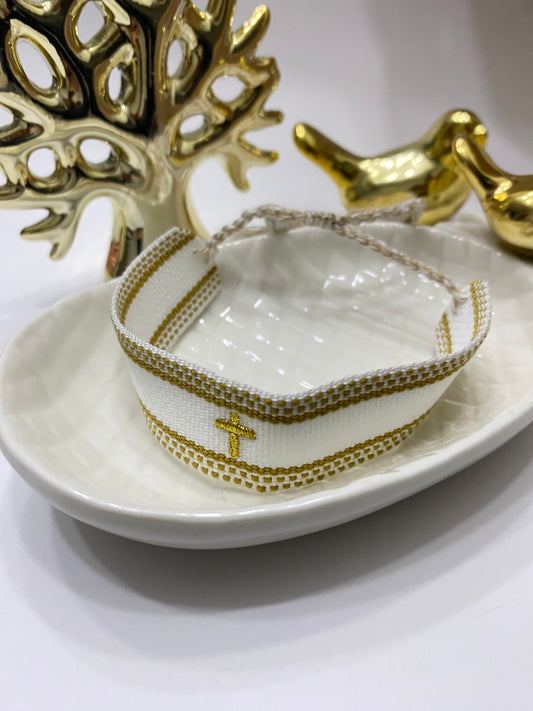 Pulsera Fe Esencial tejida blanca dorado