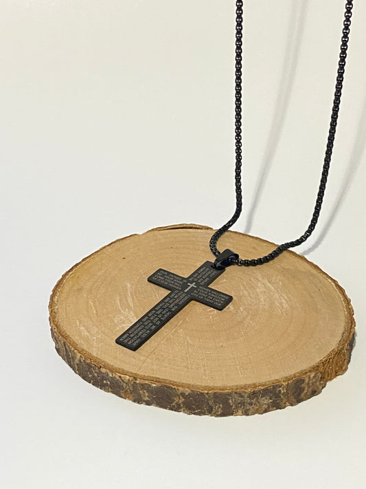 Collar de Acero Inoxidable Negro con Cruz Grabada – 60 cms