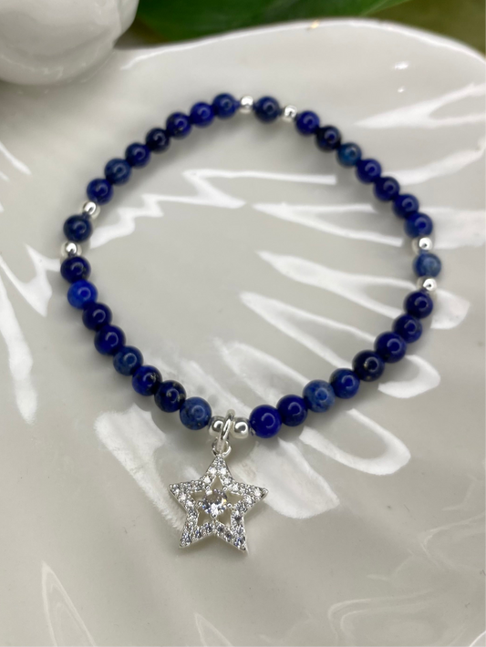 Pulsera Estrella Baño de Plata y Lápizlazuli 4mm