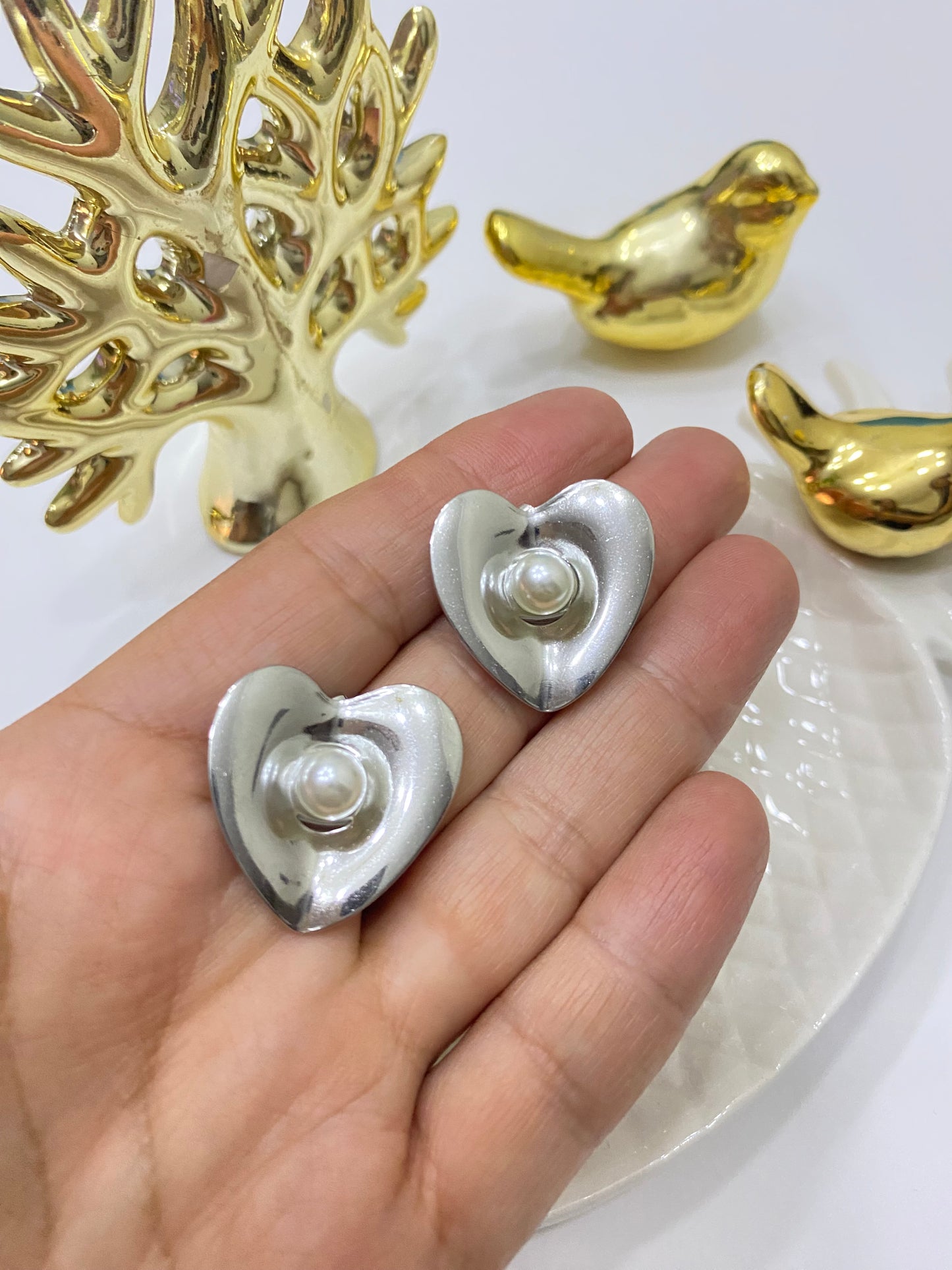 Aros acero corazón plateado perla tesoro de amor